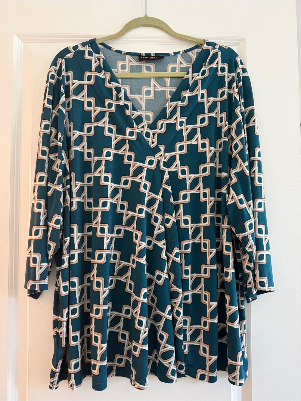 Lane Bryant Teal and Cream Geometric V-Neck Long Sleeve Top